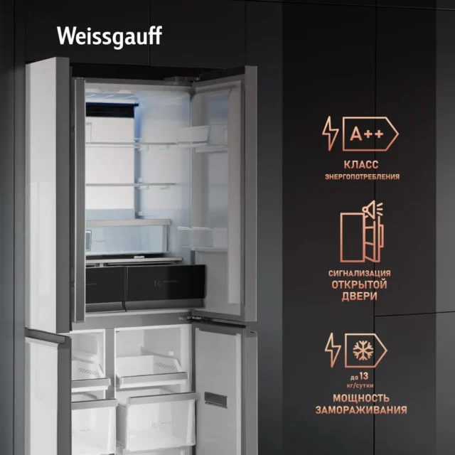 Weissgauff Холодильник Двухкамерный, Четырехдверный, Cross Door WCD 450 WgNF Built-in с Фасадом из Закаленного стекла, ИНВЕРТОРОМ и ПОЛНЫМ NO FROST, глубина 60 см, Антибактериальный модуль, Большой объём, Зона свежести, Супер охлаждение и заморозка, Сенсорный Дисплей, белый, зеркальный — изображение 13