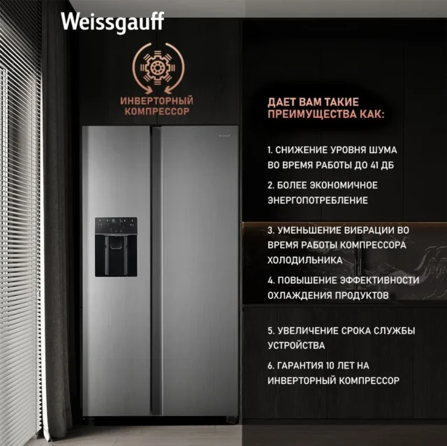 Weissgauff Холодильник Двухкамерный, Двухдверный Side by Side WSBS 695 NFX Inverter Ice Maker, Полный No Frost, ИНВЕРТОР, Замораживание 10 кг сутки, Объём 547 л, Генератор льда, Подача питьевой воды, Сенсорное управление, Суперзаморозка, Суперохлаждение, А+, серый — изображение 2