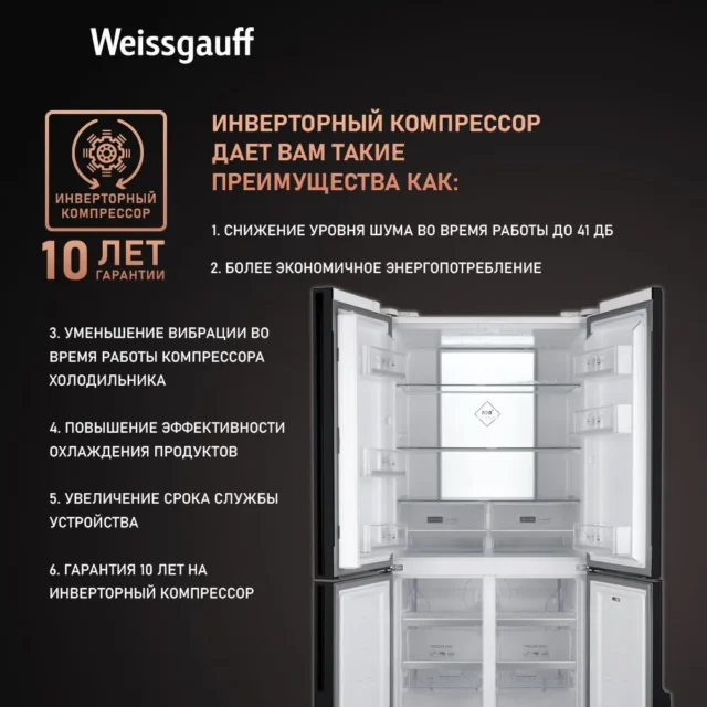 Weissgauff Холодильник Двухкамерный, Четырехдверный, Cross Door Weissgauff WCD 450 White Rock Glass NoFrost Inverter с Фасадом из Закаленного стекла, ИНВЕРТОРОМ и ПОЛНЫМ NO FROST, Большой объём,Супер заморозка, Дисплей и Сенсорное Управление, белый, прозрачный — изображение 2