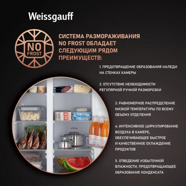 Weissgauff Холодильник Двухкамерный, Двухдверный,Side by Side WSBS 600 XB NoFrost Inverter Water Dispenser, Полный No Frost, ИНВЕРТОР, Мощность замораживания 12 кг сутки, Объём 500 л, Сенсорное управление, Подача питьевой воды, Суперзаморозка, LED освещение, A+, черный — изображение 2