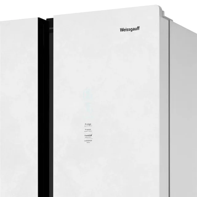 Weissgauff Холодильник Двухкамерный, Четырехдверный, Cross Door Weissgauff WCD 450 White Rock Glass NoFrost Inverter с Фасадом из Закаленного стекла, ИНВЕРТОРОМ и ПОЛНЫМ NO FROST, Большой объём,Супер заморозка, Дисплей и Сенсорное Управление, белый, прозрачный — изображение 24