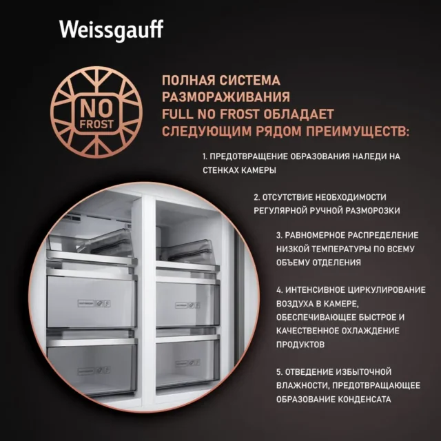 Weissgauff Холодильник Двухкамерный, Четырехдверный, CrossDoor WCD 590 Nofrost Inverter Premium Ecofresh Gold Glass с Фасадом из Закаленного стекла, ИНВЕРТОРОМ и ПОЛНЫМ NO FROST, Большой объём, Зона свежести, Супер охлаждение, Супер заморозка, Дисплей и Сенсорное Управление, золотой — изображение 3