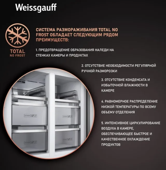 Weissgauff Холодильник Двухкамерный, Четырехдверный, CrossDoor WCD 590 NoFrost Inverter Premium Ecofresh Blue Glass с Фасадом из Закаленного стекла, ИНВЕРТОРОМ и ПОЛНЫМ NO FROST, Большой объём, Зона свежести, Суперохлаждение, Суперзаморозка, Дисплей и Сенсорное Управление , синий — изображение 3