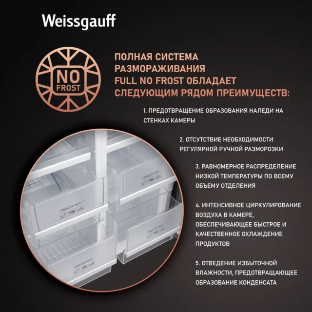 Weissgauff Холодильник Двухкамерный, Четырехдверный, Cross Door Weissgauff WCD 450 White Rock Glass NoFrost Inverter с Фасадом из Закаленного стекла, ИНВЕРТОРОМ и ПОЛНЫМ NO FROST, Большой объём,Супер заморозка, Дисплей и Сенсорное Управление, белый, прозрачный — изображение 3