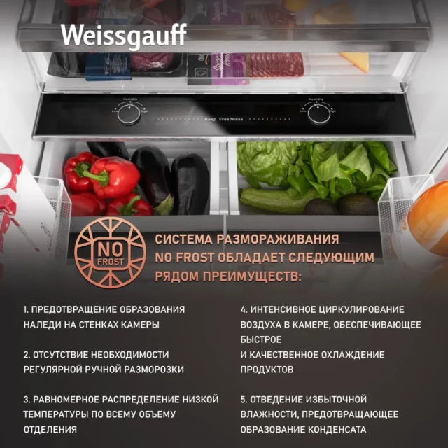 Weissgauff Холодильник Двухкамерный, Четырехдверный, Cross Door WCD 450 WgNF Built-in с Фасадом из Закаленного стекла, ИНВЕРТОРОМ и ПОЛНЫМ NO FROST, глубина 60 см, Антибактериальный модуль, Большой объём, Зона свежести, Супер охлаждение и заморозка, Сенсорный Дисплей, белый, зеркальный — изображение 4