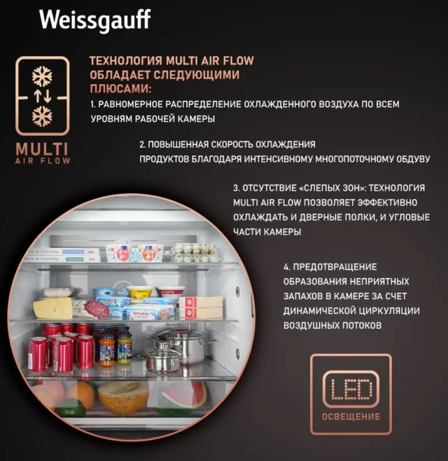 Weissgauff Холодильник Двухкамерный, Четырехдверный, CrossDoor WCD 590 NoFrost Inverter Premium Ecofresh Blue Glass с Фасадом из Закаленного стекла, ИНВЕРТОРОМ и ПОЛНЫМ NO FROST, Большой объём, Зона свежести, Суперохлаждение, Суперзаморозка, Дисплей и Сенсорное Управление , синий — изображение 4