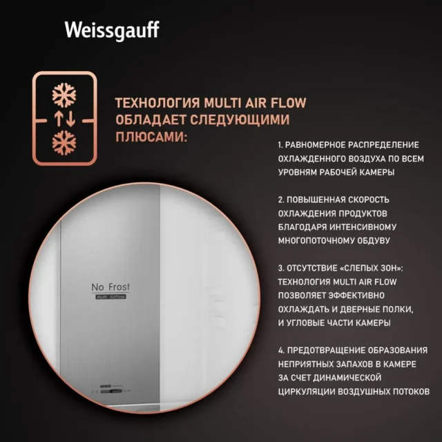 Weissgauff Холодильник двухкамерный ширина 60 см Weissgauff WRK 195 D Full NoFrost Bru Steel Glass, Стеклянный фасад, Полный No Frost, Тихий режим, Большой объём, Сенсорное управление, Дисплей, Супер заморозка, Супер охлаждение, LED освещение, серый, серый металлик — изображение 4