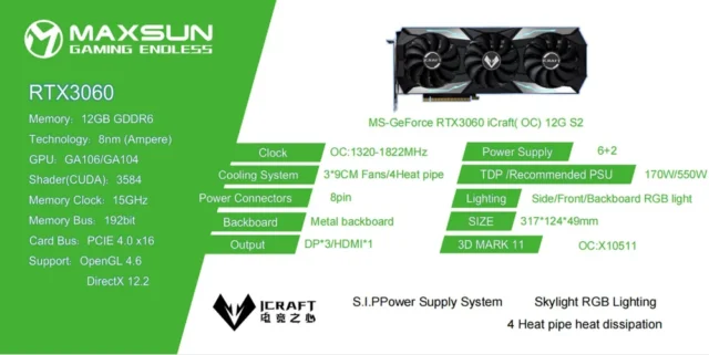 maxsun Видеокарта GeForce RTX 3060 RTX3060 (ICRAFT OC 12G S2) 12 ГБ (RTX3060 (ICRAFT OC 12G S2)), LHR — изображение 4