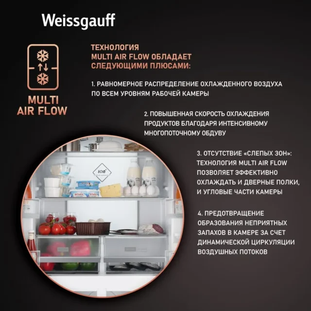 Weissgauff Холодильник Двухкамерный, Четырехдверный, Cross Door Weissgauff WCD 450 White Rock Glass NoFrost Inverter с Фасадом из Закаленного стекла, ИНВЕРТОРОМ и ПОЛНЫМ NO FROST, Большой объём,Супер заморозка, Дисплей и Сенсорное Управление, белый, прозрачный — изображение 6