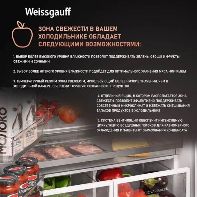 Weissgauff Холодильник двухкамерный French Door WFD 450 Built-in Inverter NoFrost White ,3 года гарантии, Инвертор, Полный No Frost, глубина 60 см, Сенсорное управление, Дисплей, Большой объём, Тихий режим работы, LED освещение, белый. Уцененный товар — изображение 6