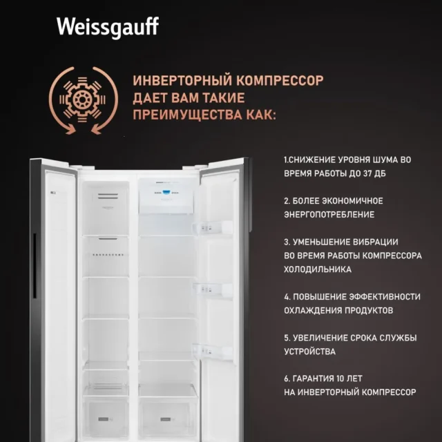 Weissgauff Холодильник Двухкамерный, Двухдверный, Side by Side WSBS 500 Inverter NoFrost White Glass, Полный No Frost, ИНВЕРТОР, Мощность замораживания 12 кг сутки, Сенсорное управление, Цифровой дисплей, LED освещение, Большой общий объём 500 л, Тихий режим работы, A+, белый, зеркальный — изображение 9